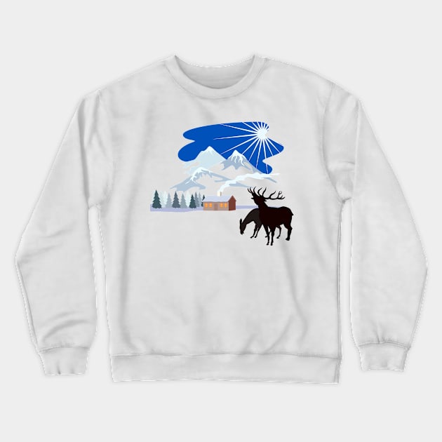 House in Winter Snow Mountains Deer Silhouette Crewneck Sweatshirt by retrovectors